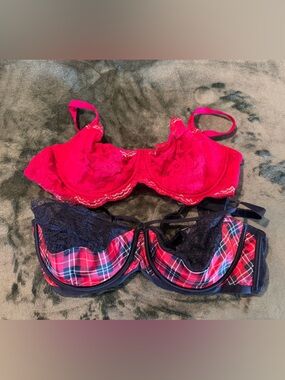 Victoria's Secret Very Sexy Balconet Bra Red Plaid Lace and Dream Angels push up